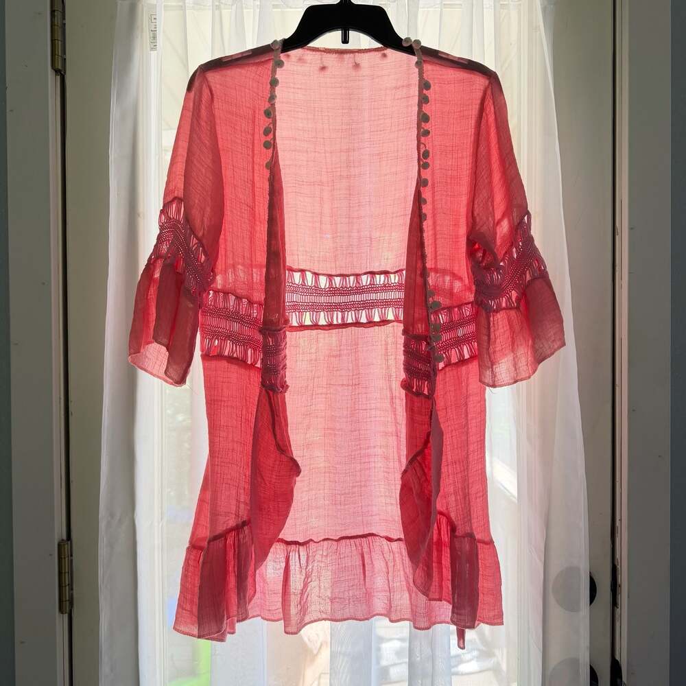 Pink Bohemian Crochet Detail V-Neck Cover-Up Cardigan